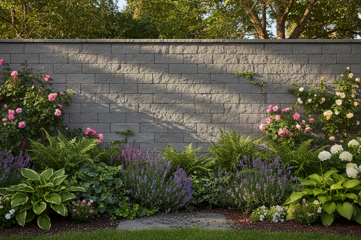 Muro de jardin revestido con Aplacado Poblet color gris rodeado de plantas y flores