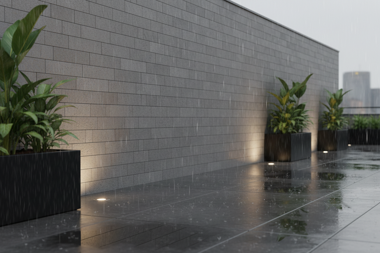Muro exterior revestido con Aplacado Poblet en una terraza urbana bajo lluvia suave