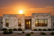 Fachada de vivienda unifamiliar moderna revestida con Aplacado Poblet al atardecer