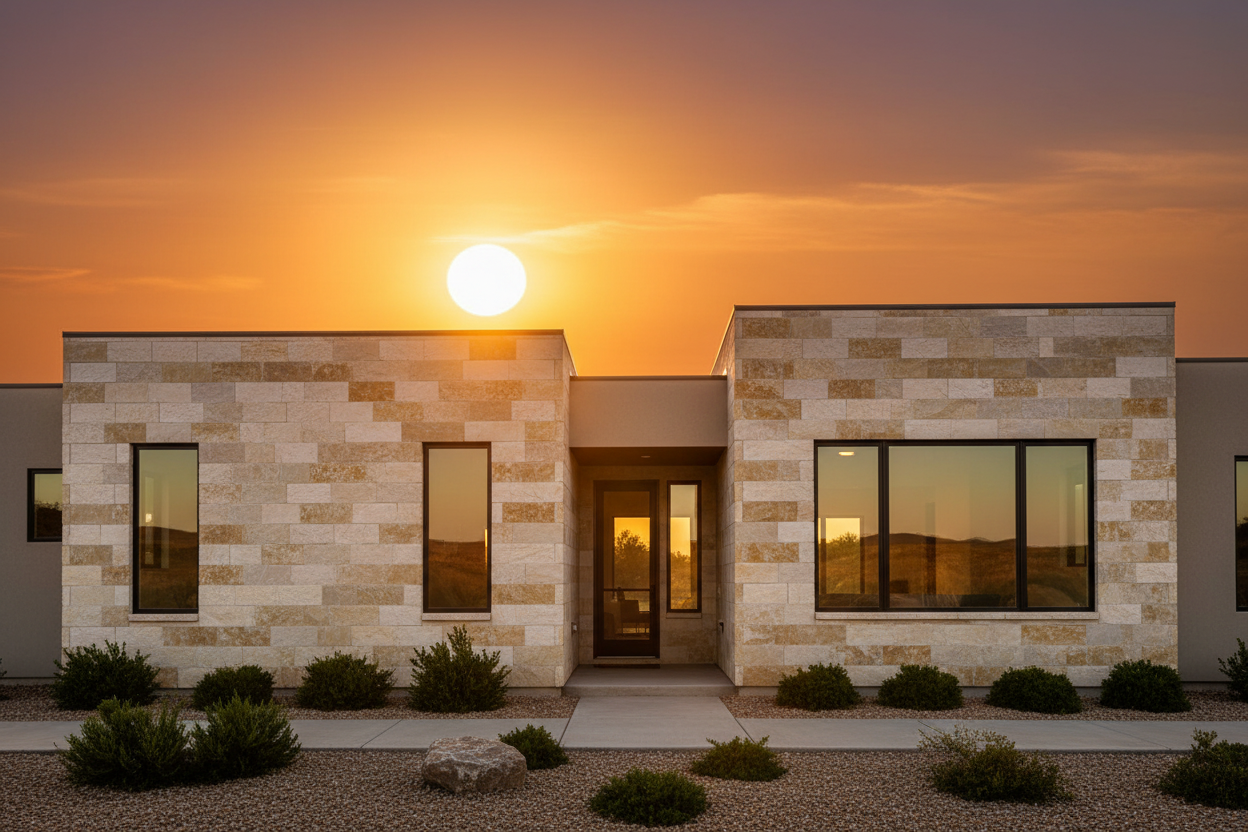 Fachada de vivienda unifamiliar moderna revestida con Aplacado Poblet al atardecer