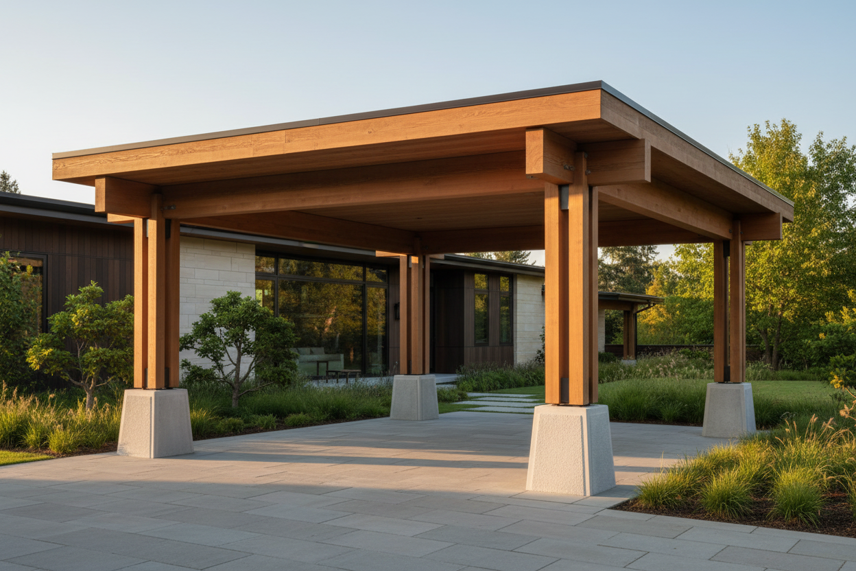 Carport de madera con las columnas apoyadas sobre basas de hormigón junto a una vivienda - Vetonek