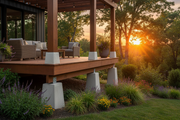 Deck de madera elevado sobre columnas apoyadas en basas de hormigón en un jardín - Vetonek