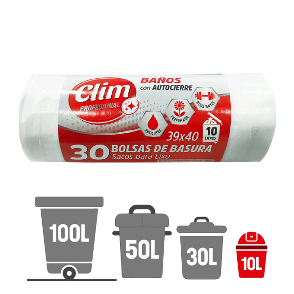 Sacos de Lixo Branco 10L Clim Profissional com Autovedação - Rolo de 30 Unidades Vetonek