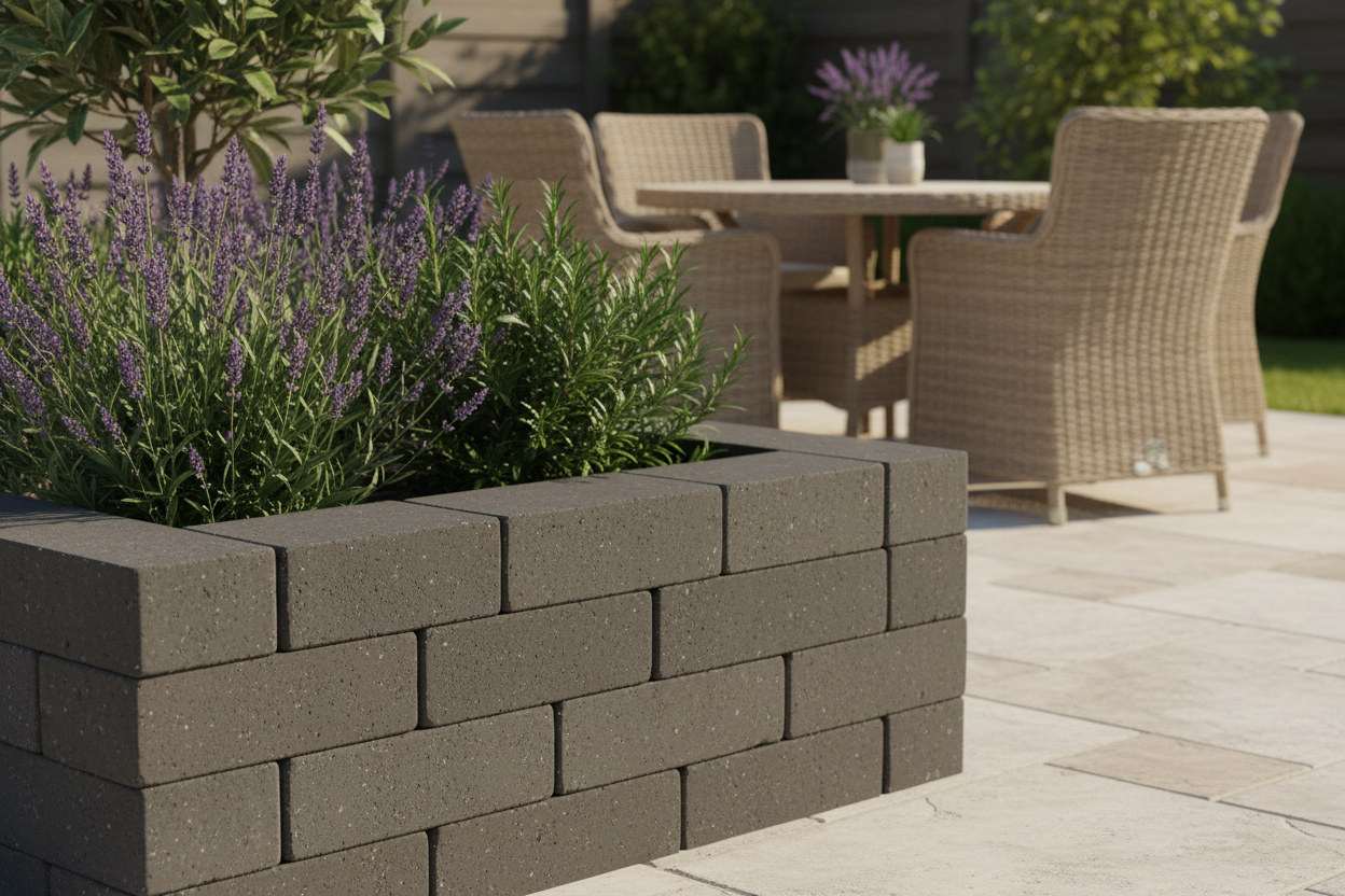 Jardinera elevada con Bordillo Albarracín Apilable de hormigón en antracita apilado en tres alturas - Vetonek