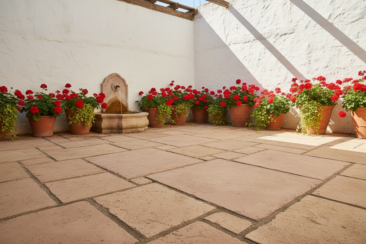 Patio interior con fuente de piedra sobre Pack de Losas Pedraza de hormigón en albero - Vetonek