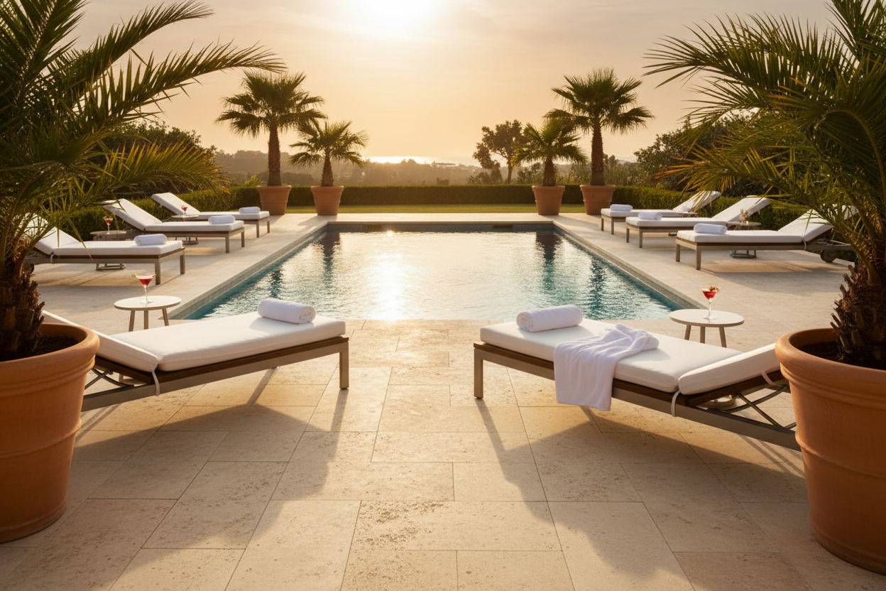 Terraza de piscina con Losa Frías Travertino de hormigón en caliza, palmeras y atardecer - Vetonek
