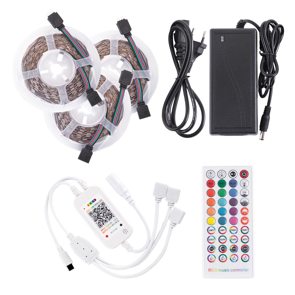 Kit Tira 108W 4.500Lm 450 LEDs 15 metros RGB Blister Transformador, Controlador, Control Remoto IP20 — Vetonek