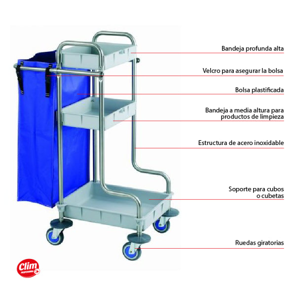 Carro de Limpieza Compacto en Acero Inoxidable - 3 Bandejas y Bolsa Vetonek