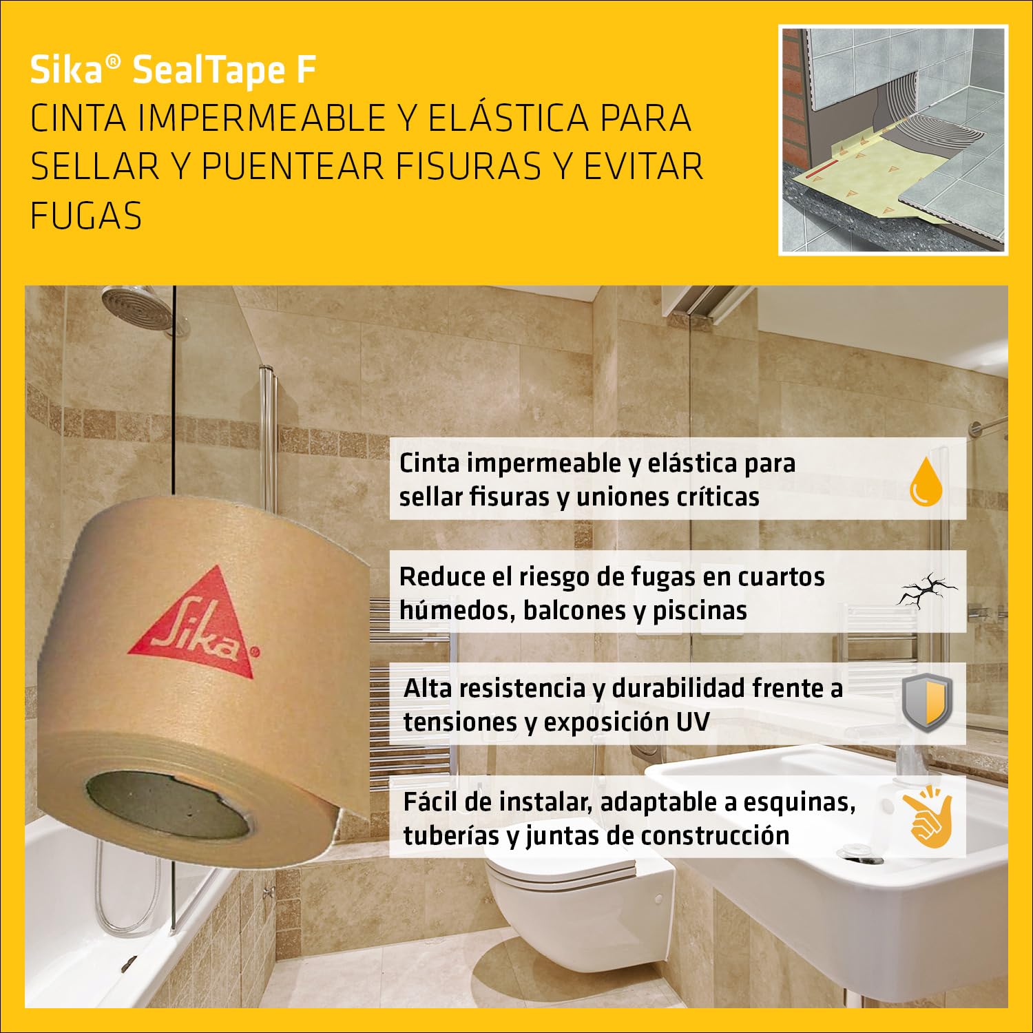 Sika® SealTape F - Sellado elástico de platos de ducha etc. - Vetonek