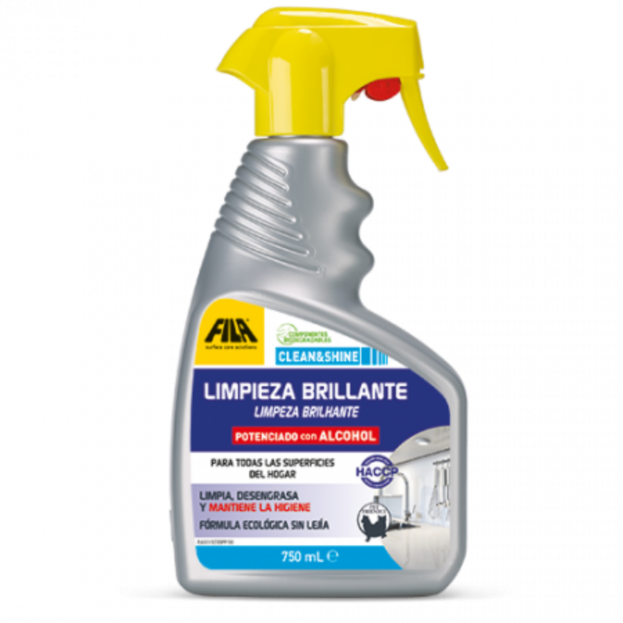 "Botella de 750 ml de CLEAN & SHINE de FILA, limpiador brillante potenciado con alcohol. Ideal para limpiar, desengrasar y mantener la higiene en todas las superficies del hogar. Fórmula ecológica sin lejía, adecuada para hogares con niños y animales, proporcionando una limpieza eficaz y segura."