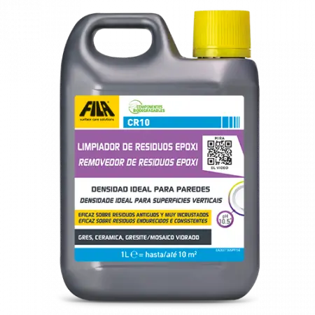 "Botella de 1 litro de limpiador de residuos epoxi CR10 de la marca FILA. Ideal para eliminar residuos epoxi en superficies verticales como gres, cerámica, y mosaico vidriado. Producto de alta densidad y eficaz para eliminar residuos endurecidos y consistentes. Presentación con asa y tapón de seguridad."