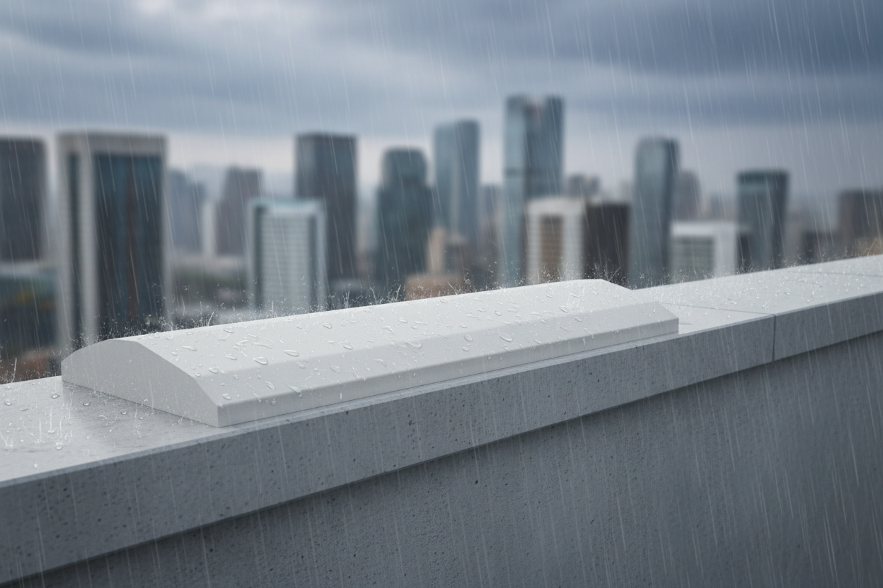 Cubremuros Cinca Liso de hormigón, en el peto de un ático urbano bajo la lluvia - Vetonek