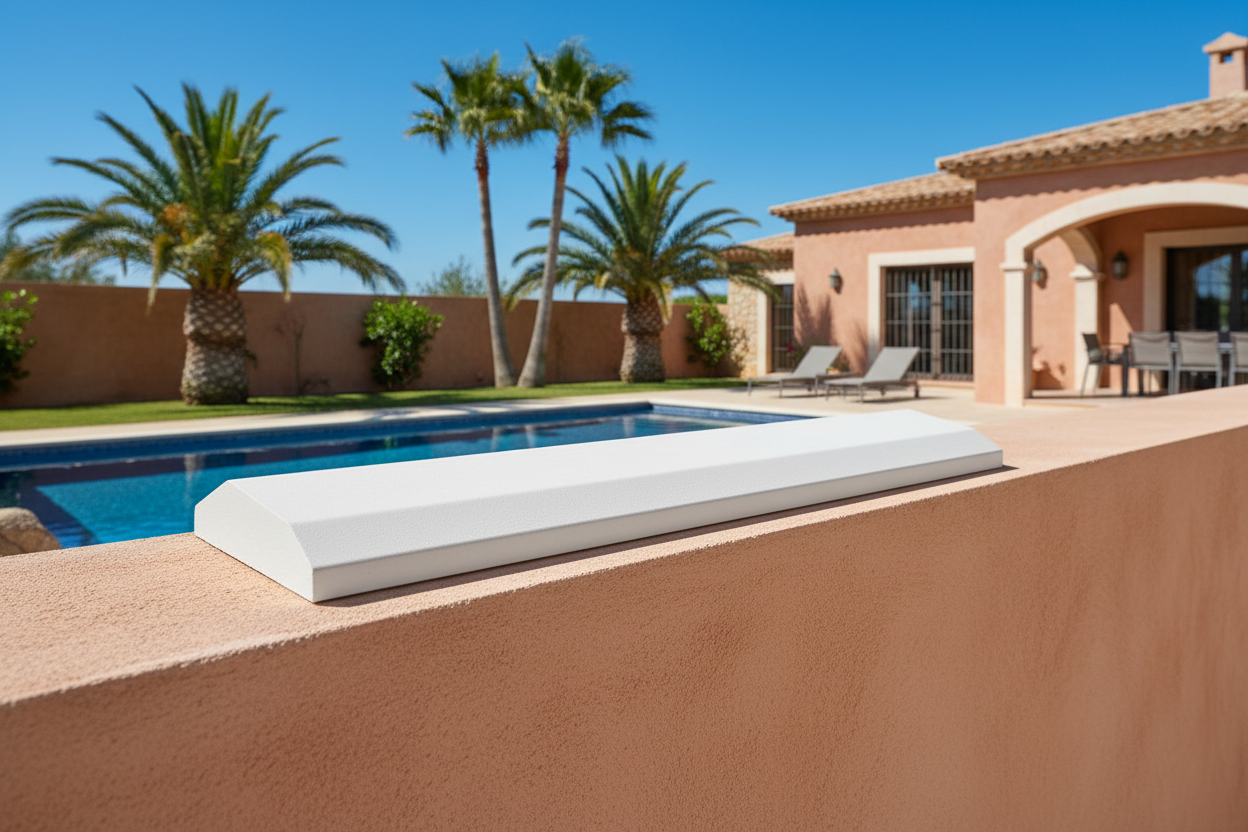 Cubremuros Cinca Liso de hormigón, en un muro perimetral de villa mediterránea con piscina - Vetonek