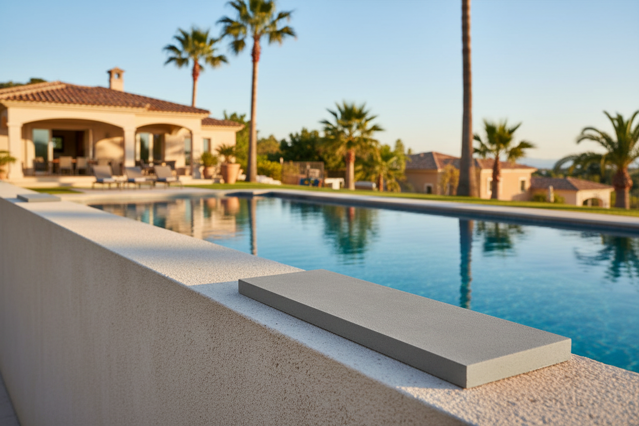 Cubremuros Duero de hormigón, en el muro de una villa mediterránea con palmeras y piscina - Vetonek