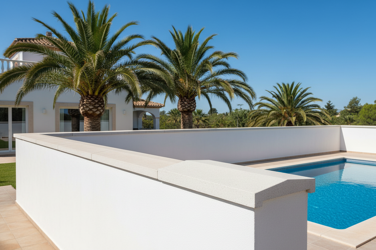 Cubremuros Ésera Doble Pendiente de hormigón, en el muro de una villa mediterránea con piscina - Vetonek
