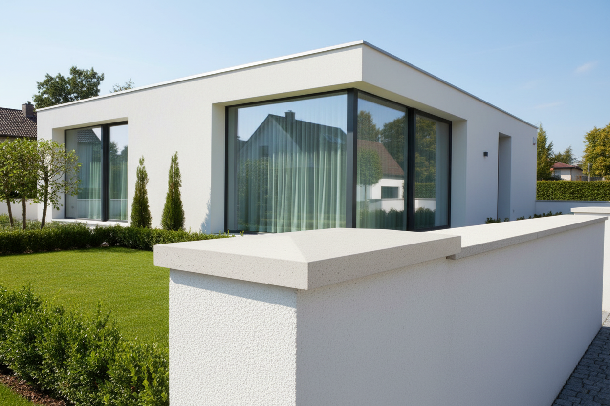 Cubremuros Ésera Doble Pendiente de hormigón, en el muro de una vivienda moderna minimalista - Vetonek