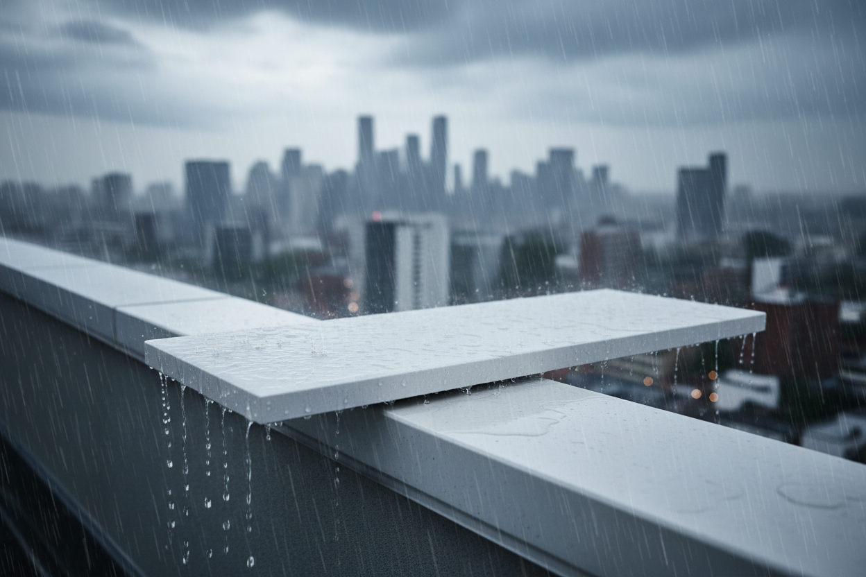 Cubremuros Gállego Liso de hormigón, en el peto de un ático urbano bajo la lluvia - Vetonek