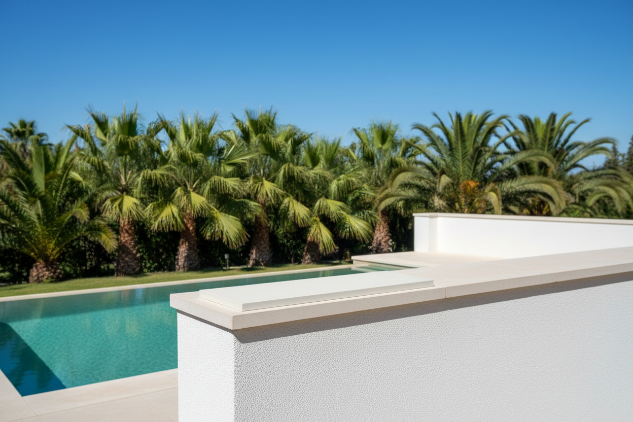 Cubremuros Gállego Liso de hormigón, en un muro perimetral de villa mediterránea con piscina - Vetonek
