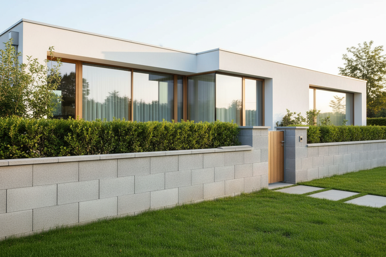 Cubremuros Cinca de hormigón, en el muro perimetral de una vivienda moderna minimalista - Vetonek