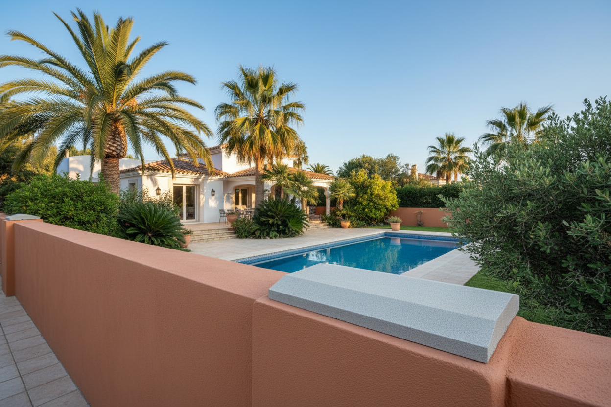 Cubremuros Cinca de hormigón, instalado en un muro perimetral de villa mediterránea con piscina - Vetonek
