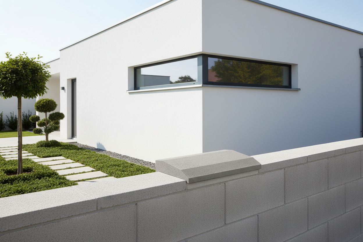 Cubremuros Cinca de hormigón, en el muro perimetral de una vivienda moderna minimalista - Vetonek