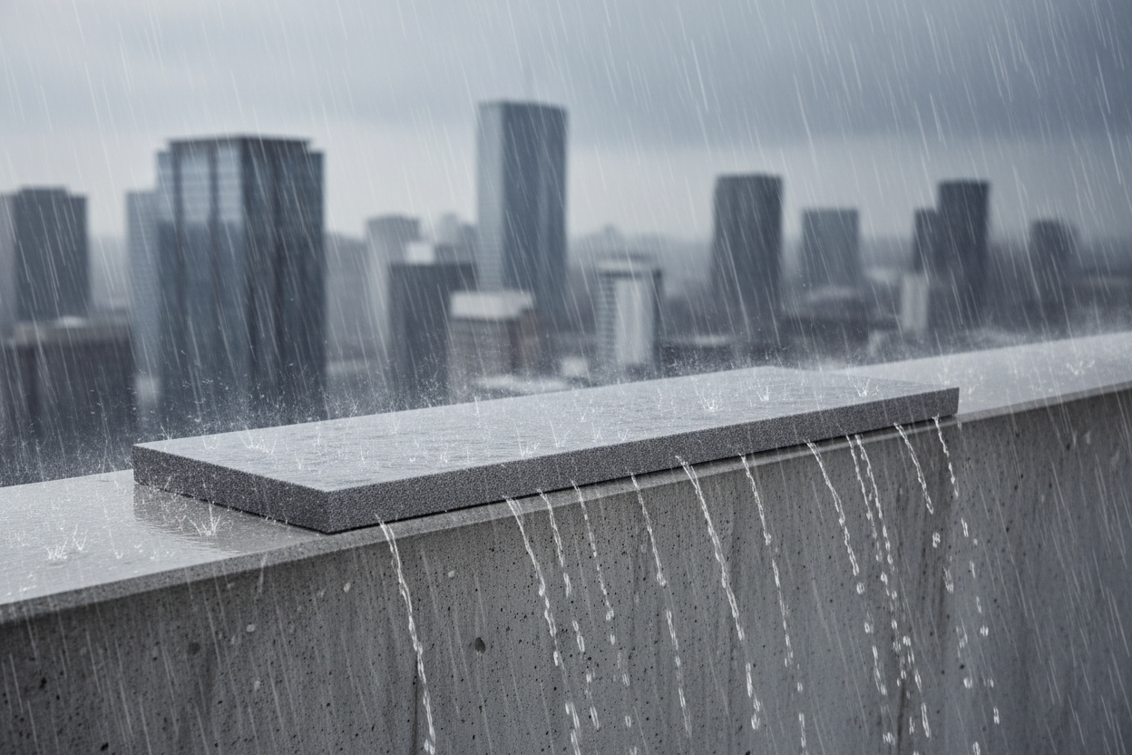 Cubremuros Duero de hormigón, en el peto de un ático urbano bajo la lluvia - Vetonek
