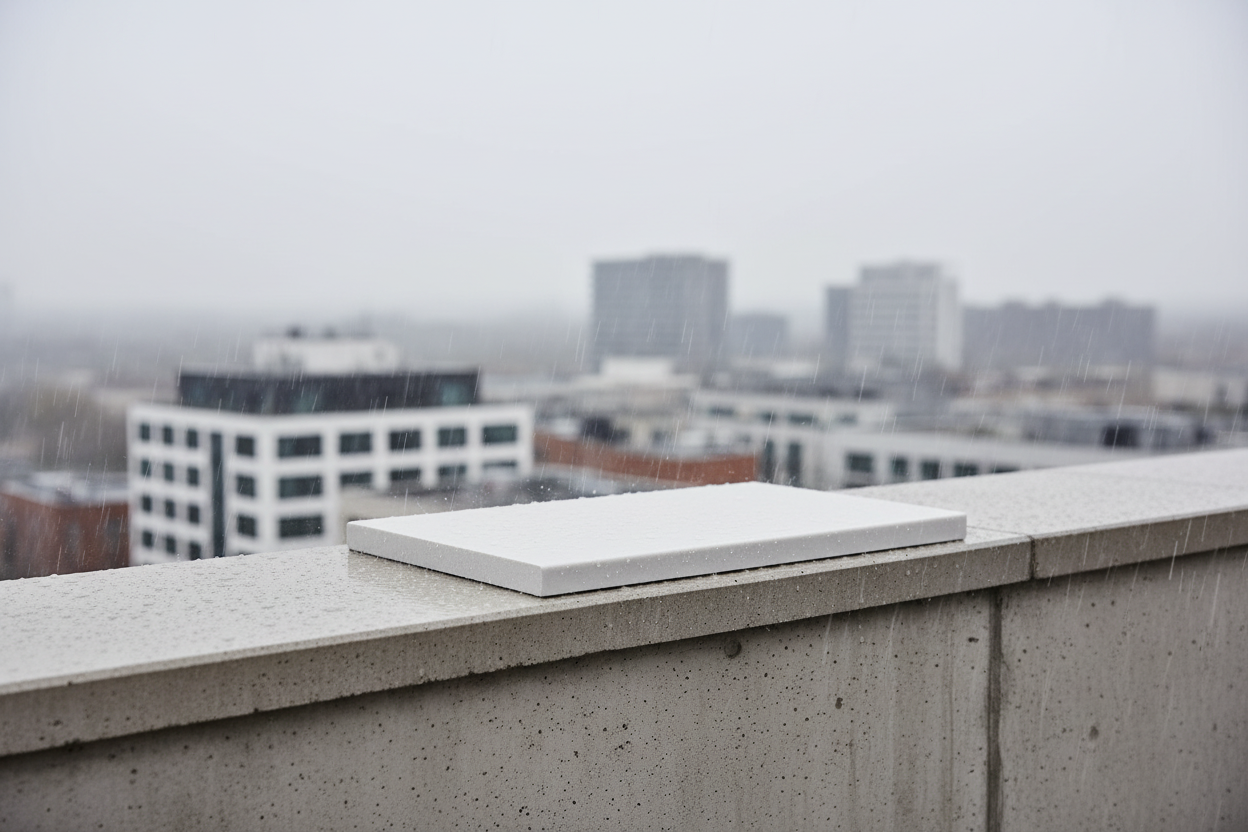 Cubremuros Duero Liso de hormigón gris, remate del muro de un ático urbano bajo la lluvia - Vetonek