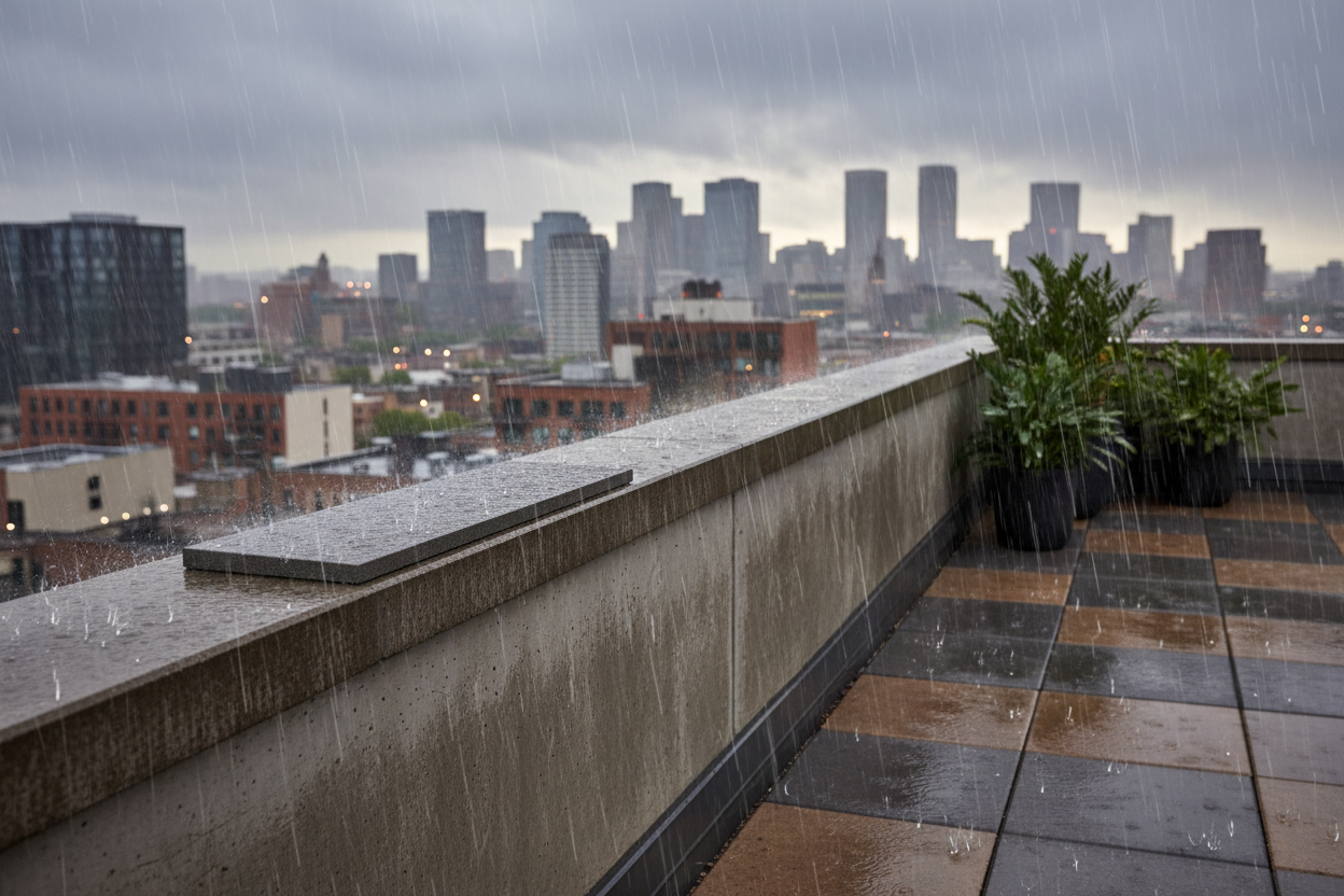 Cubremuros Gállego de hormigón, en el peto de una azotea urbana bajo la lluvia - Vetonek