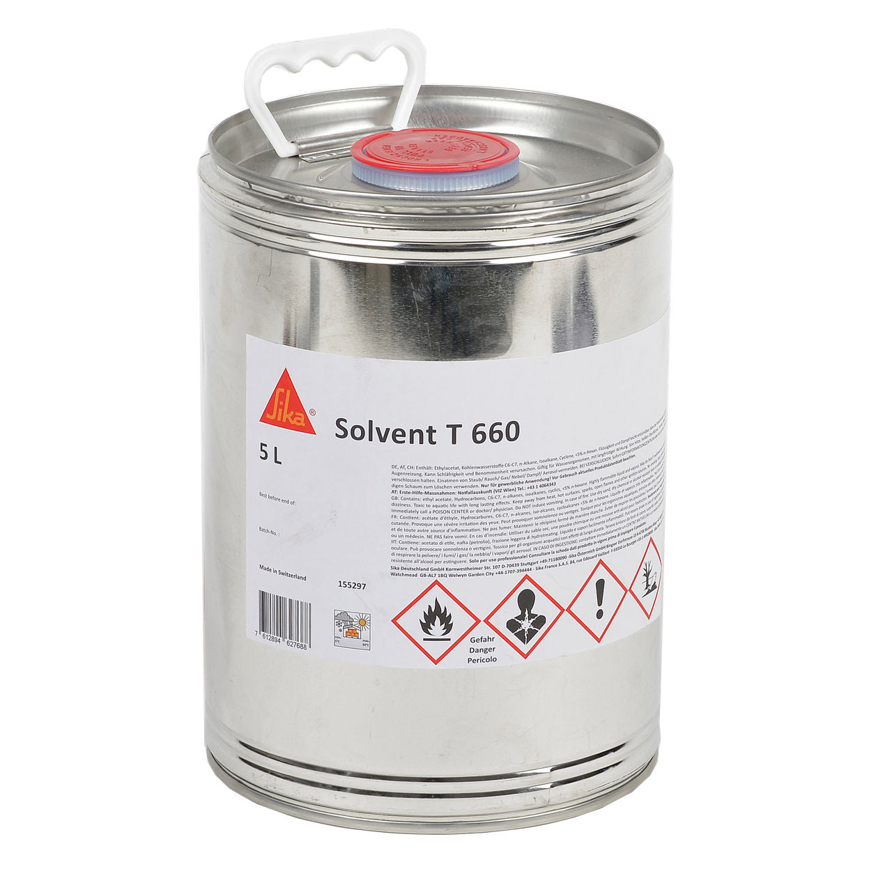 Bidón de 5 litros de Solvent T-660 de Sika, diluyente y limpiador para el adhesivo Sarnacol® T 660 y membranas FPO - Vetonek