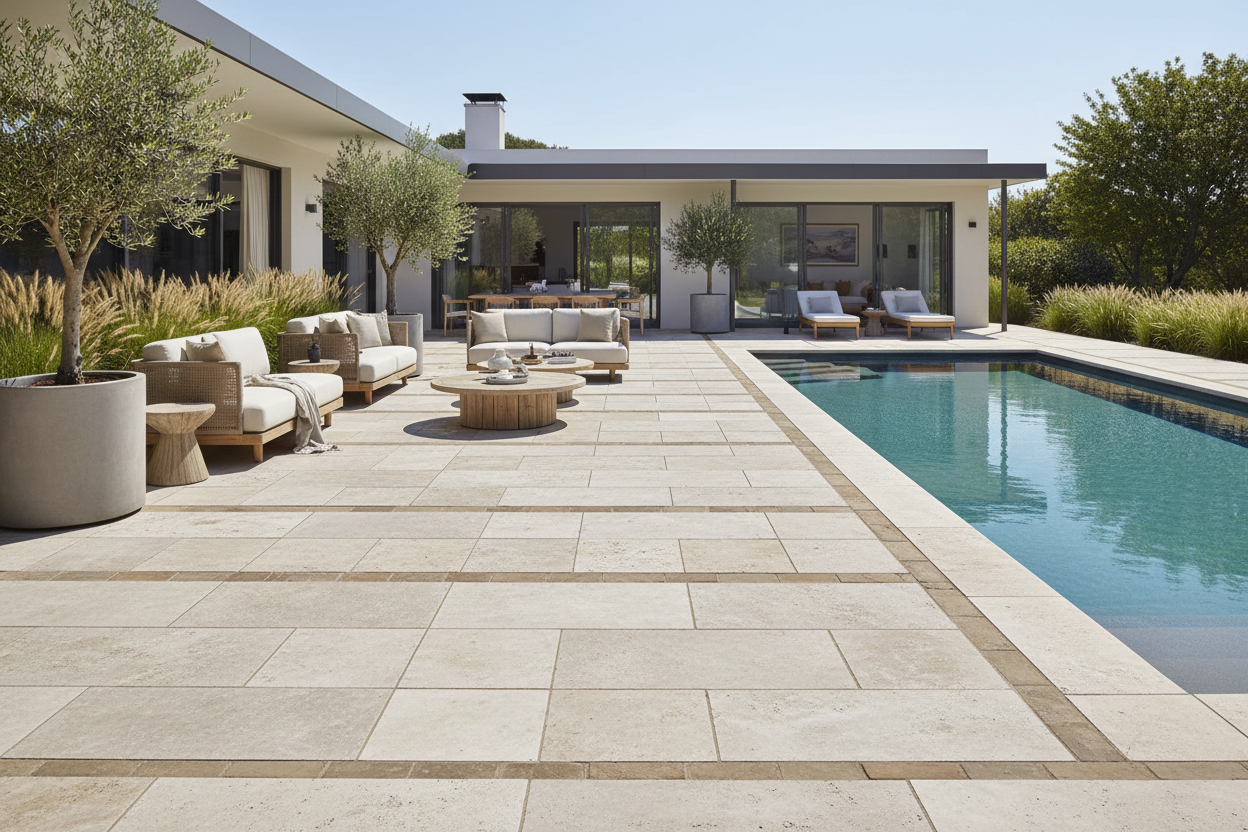 Patio moderno junto a piscina pavimentado con Pack de Losas Ainsa de hormigón en caliza - Vetonek