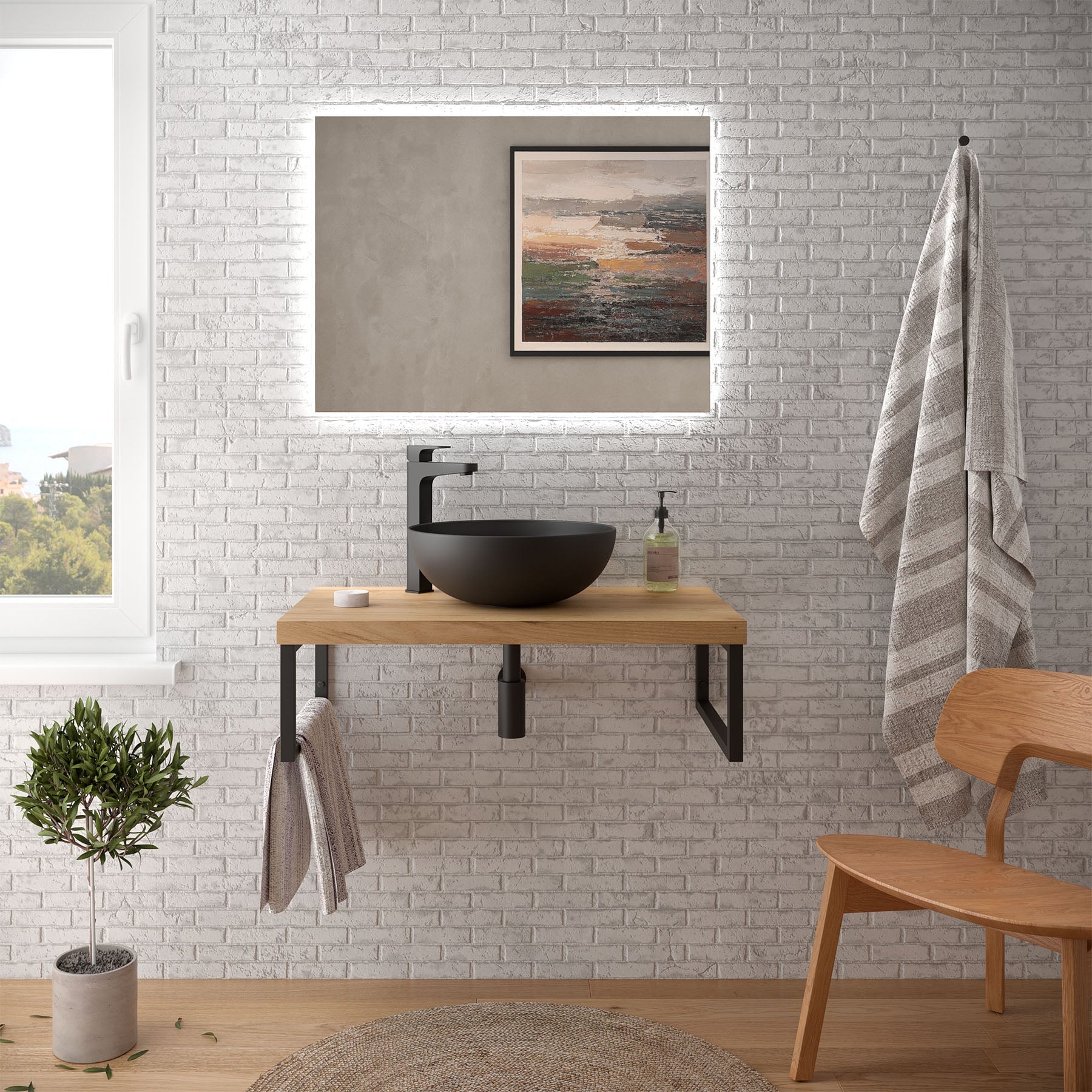 Bancada de banheiro BATHME NIZA com pia SOLID SURFACE cor carvalho preto fosco - Vetonek