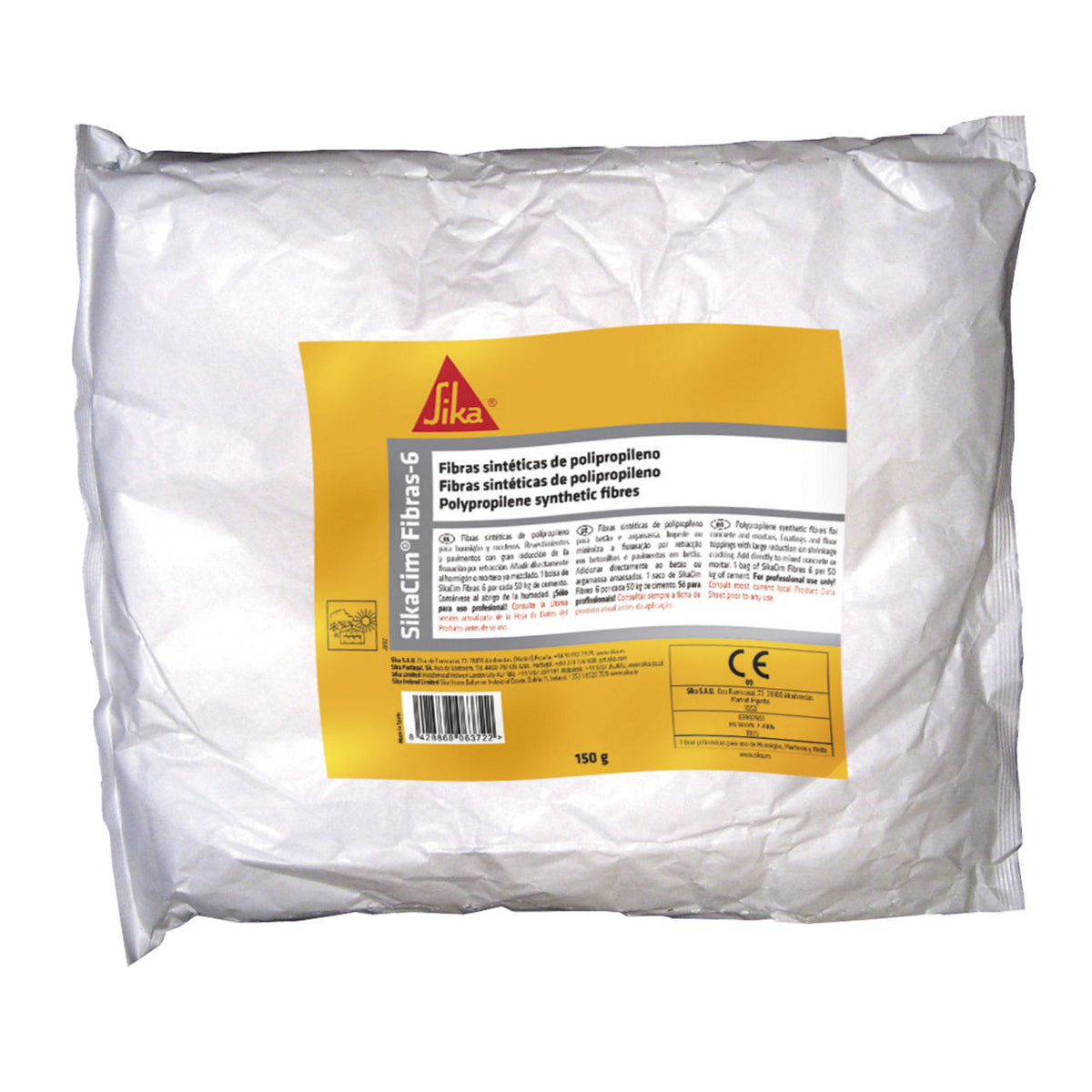 Bolsa hidrosoluble de 150 g de SikaCim® Fibras de Sika, fibras de polipropileno de 6 mm para el control de la fisuración en morteros y hormigones - Vetonek