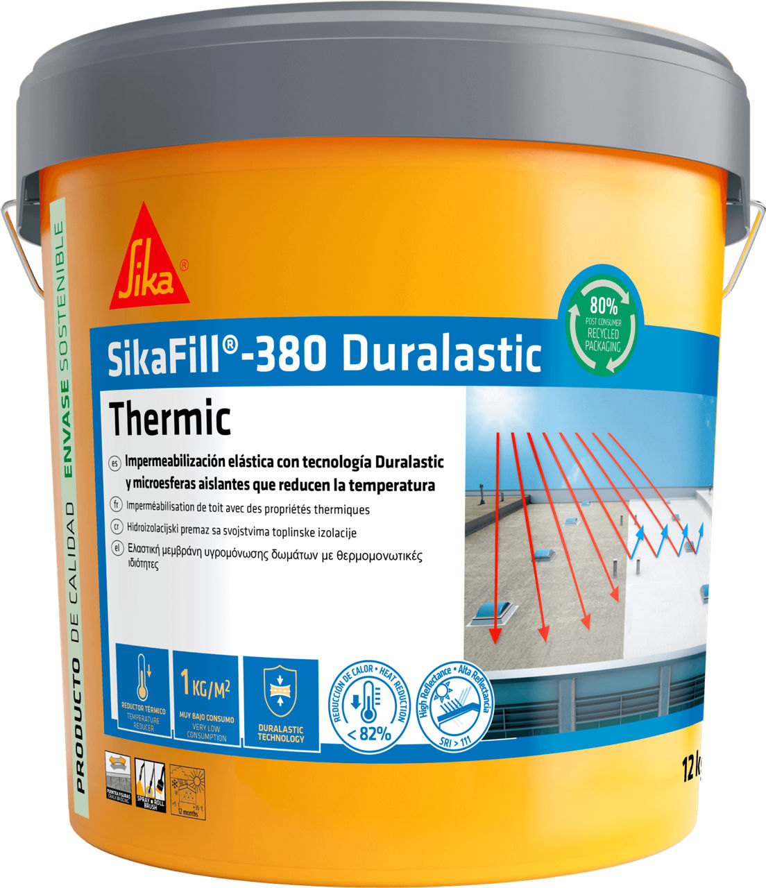Bote de SikaFill®-380 Thermic de Sika, revestimiento elástico acrílico blanco que impermeabiliza y aísla térmicamente cubiertas - Vetonek