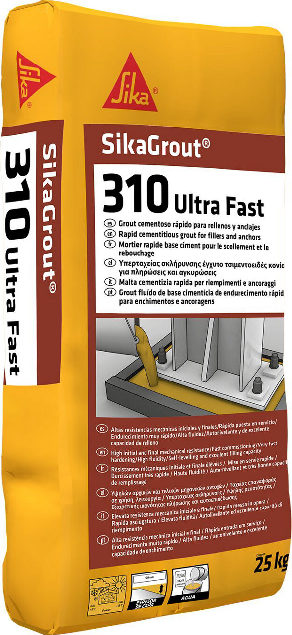 Saco de 25 kg de SikaGrout®-310 Ultra Fast de Sika, grout cementoso ultrarrápido para anclajes y prefabricados - Vetonek