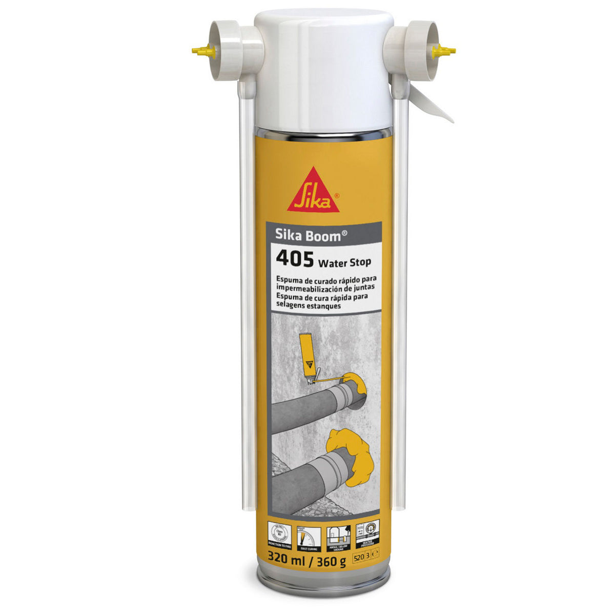 Envase de 320 ml de Sika Boom®-405 Water Stop de Sika, espuma de poliuretano bicomponente para el sellado estanco de pasos de tuberías y conductos - Vetonek