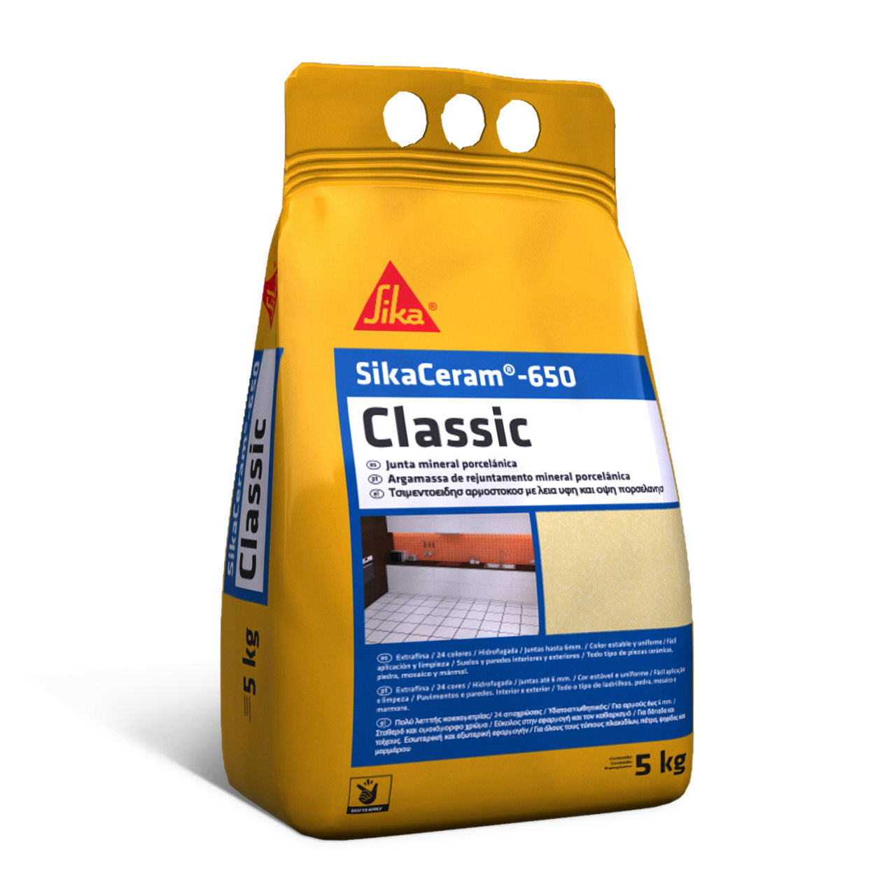 Saco de 5 kg de SikaCeram®-650 Classic de Sika, mortero de rejuntado cementoso CG2WA para juntas de 1 a 6 mm en cerámica - Vetonek