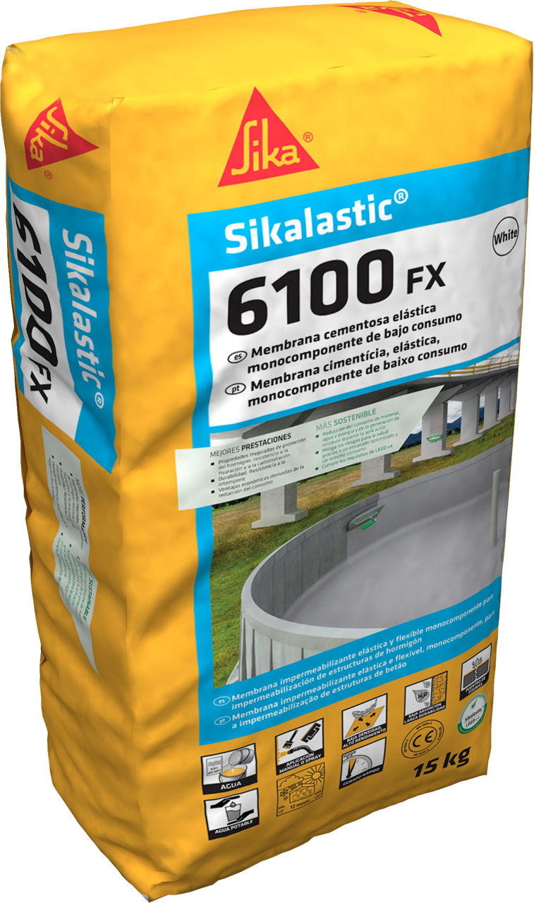 Saco de 15 kg de Sikalastic®-6100 FX de Sika, membrana impermeabilizante cementosa flexible apta para depósitos de agua potable y piscinas - Vetonek