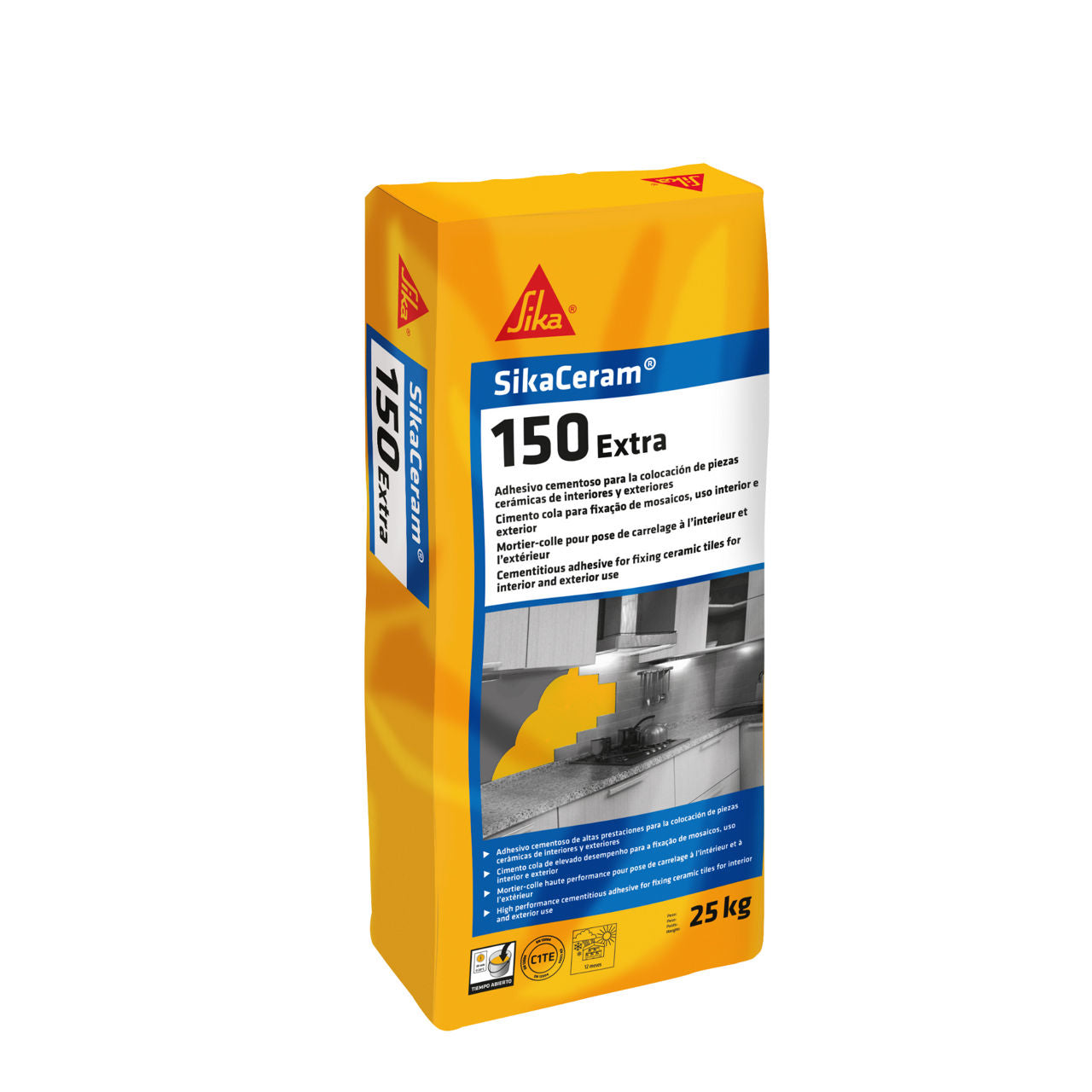 Saco de 25 kg de SikaCeram®-150 Extra de Sika, adhesivo cementoso C1TE tixotrópico para azulejo y gres en interior y exterior - Vetonek