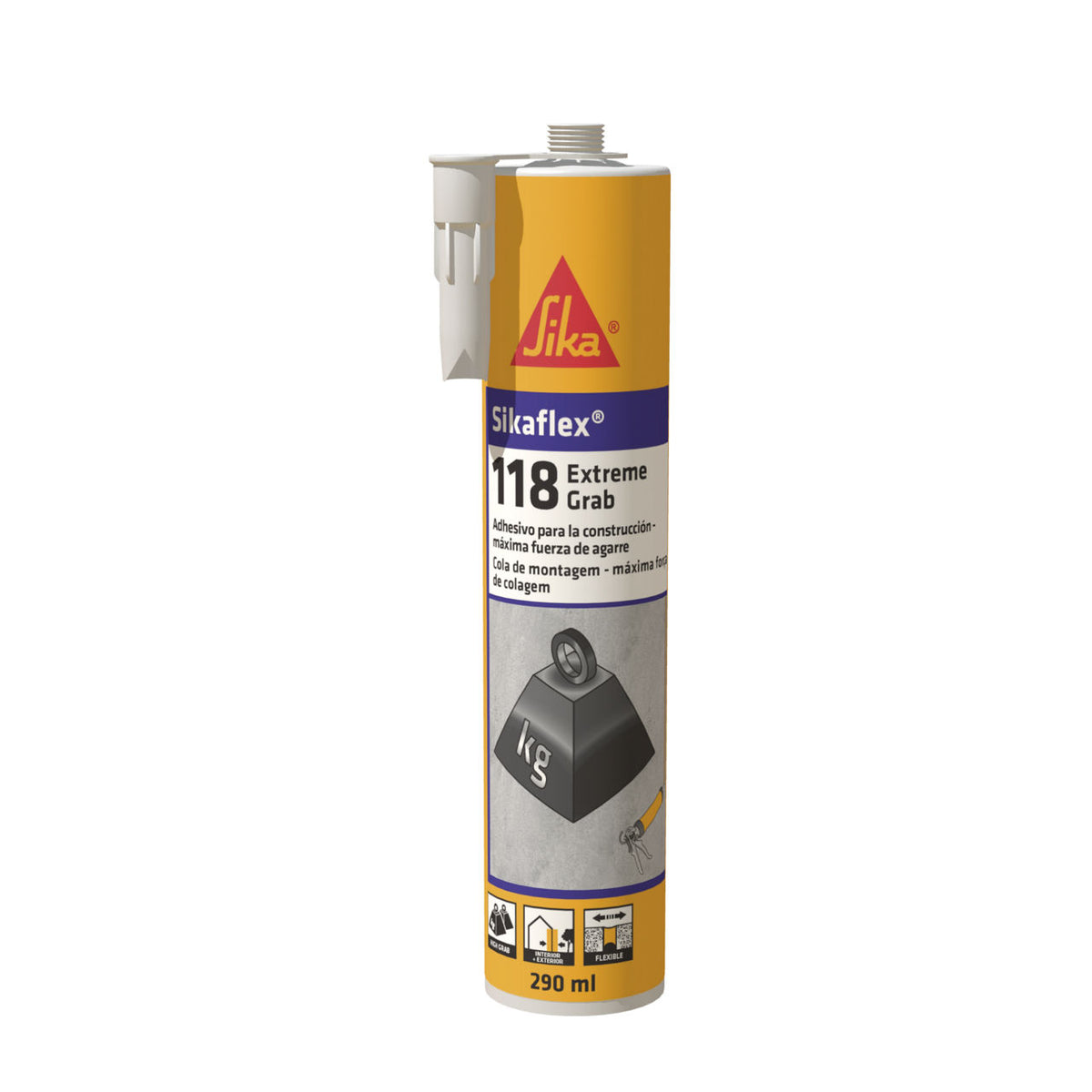Cartucho de 290 ml de Sikaflex®-118 Extreme Grab de Sika, adhesivo de montaje de agarre inicial extremo para fijar piezas pesadas sin apeos - Vetonek