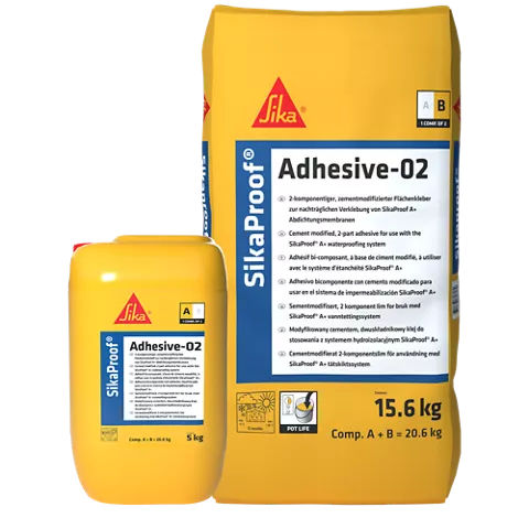 Juego A+B de SikaProof® Adhesive-02 de Sika, mortero adhesivo cementoso bicomponente para fijar membranas de impermeabilización - Vetonek