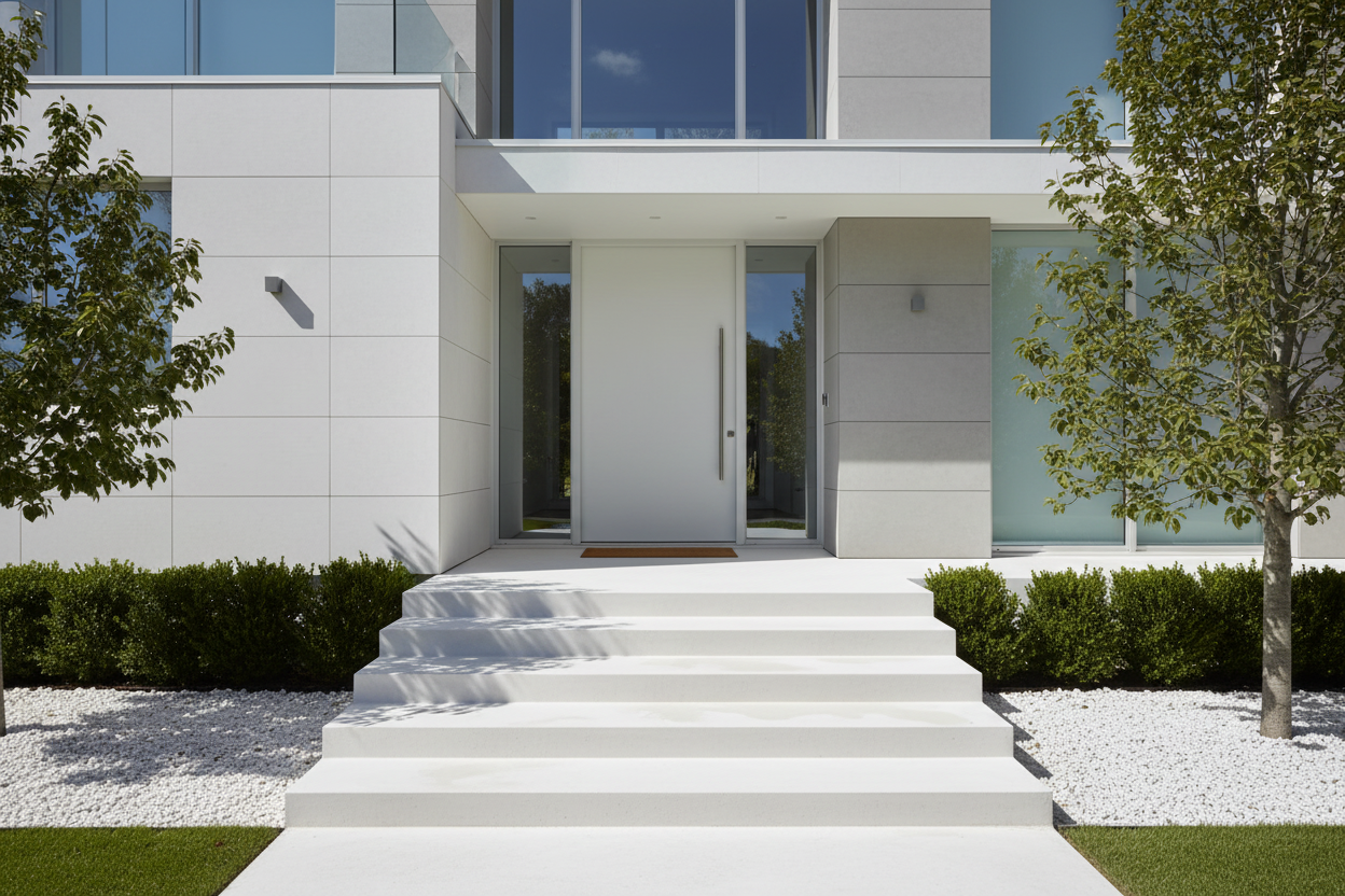 Entrada de vivienda minimalista con Escalón Medinaceli de hormigón en blanco - Vetonek