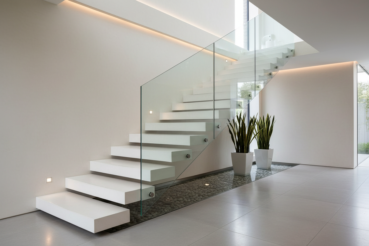 Escalera interior minimalista con peldaños Escalón Medinaceli de hormigón en blanco - Vetonek