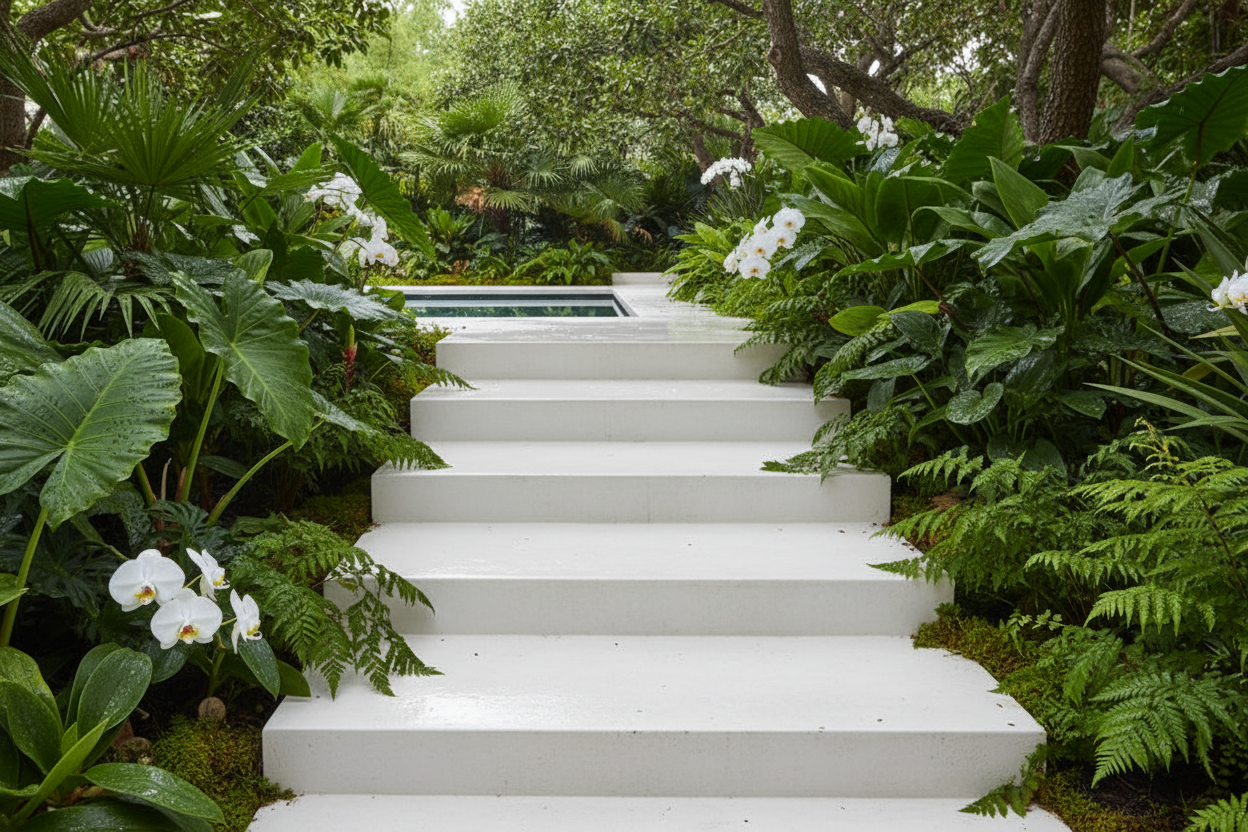 Escalera exterior de jardín formada con Escalón Medinaceli de hormigón en blanco - Vetonek