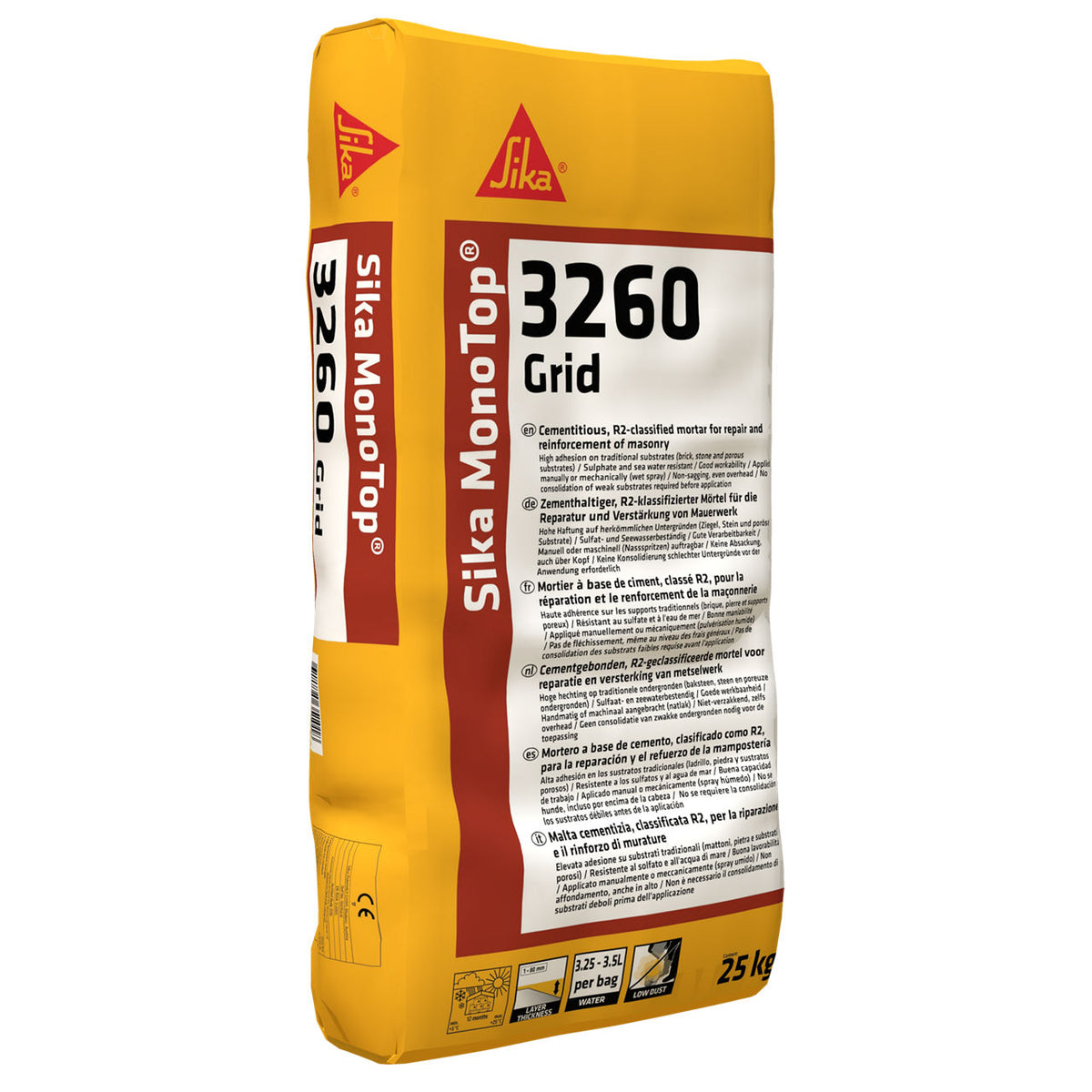 Saco de 25 kg de Sika MonoTop®-3260 Grid de Sika, mortero cementoso con fibras para refuerzo de estructuras de fábrica con malla CarboDur® Grid - Vetonek
