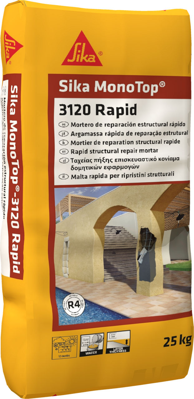 Saco de 25 kg de Sika MonoTop®-3120 Rapid de Sika, mortero de reparación estructural rápido R4 para hormigón armado - Vetonek
