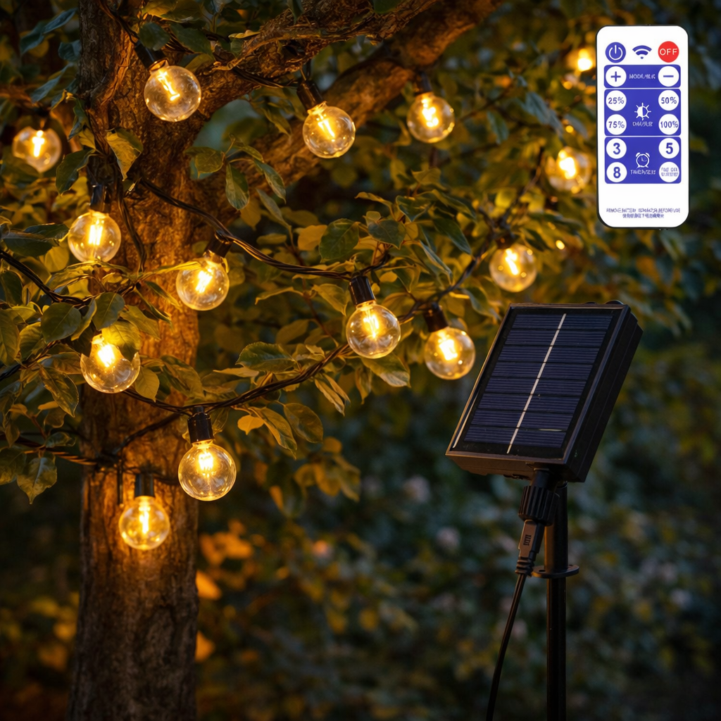 Cadena 25 Bombillas LED G40 2700ºK 9,5M Solar - Panel: 5,5V 1,2W Batería: 3,7V 1200MaH — Vetonek