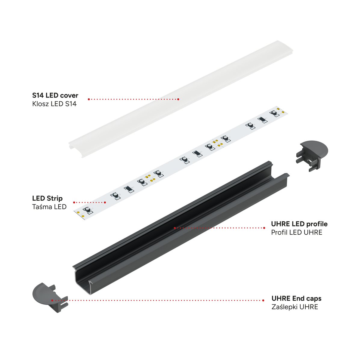 Perfíl Aluminio KIMERA-"UHRE" Anodizado Negro con Difusor Opal , Tapones y Clips Sujección 2,02M — Vetonek (2)