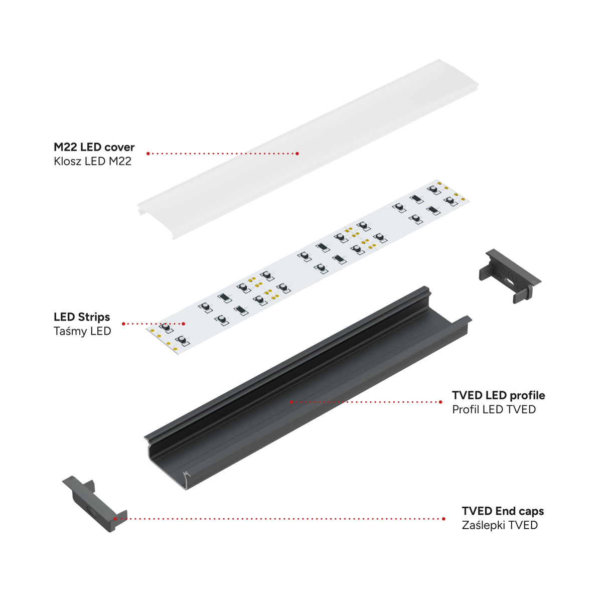 Perfíl Aluminio KIMERA-"TVED" Anodizado Negro con Difusor Opal , Tapones y Clips Sujección 2,02M — Vetonek (2)