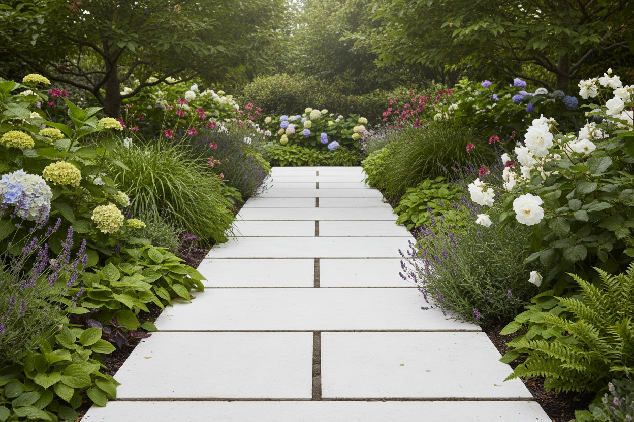 Camino de jardín pavimentado con Losa Medinaceli de hormigón en blanco - Vetonek