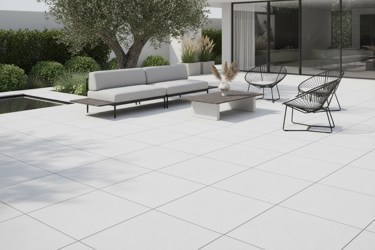 Patio minimalista pavimentado con Losa Medinaceli de hormigón en blanco - Vetonek